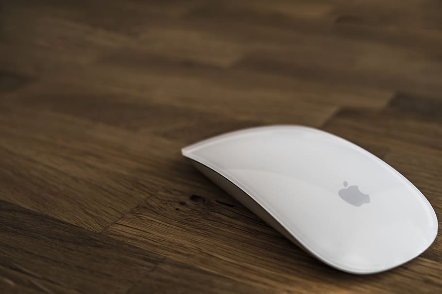 Apple Magic Mouse on brown wooden surface, Workplace, Computer HD wallpaper