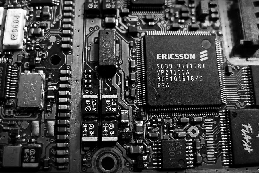 grayscale photo of Ericsson 9630 B771781 computer processor, circuit, HD wallpaper