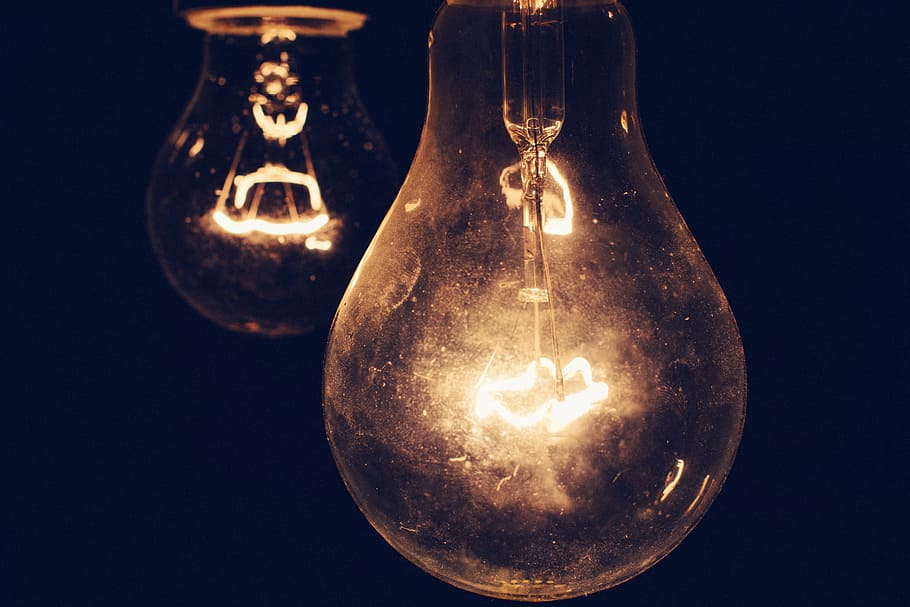 lighted glass bulb, two, lights, turn, light bulb, light bulbs, HD wallpaper