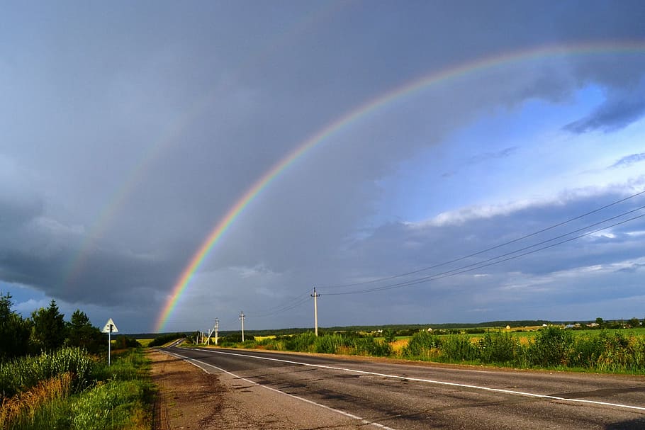 rainbow, road, sky, summer, nature, dark sky, landscape, day HD wallpaper