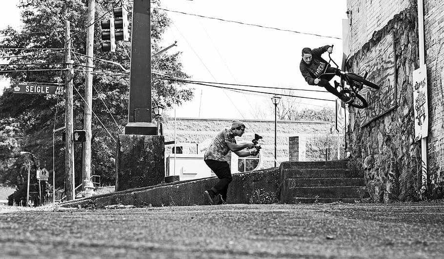 bmx, north carolina, camera, filming, bikes, black and white, HD wallpaper