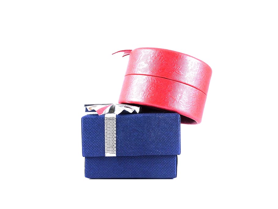 round pink case on square blue box, Present, His And Hers, gift, HD wallpaper
