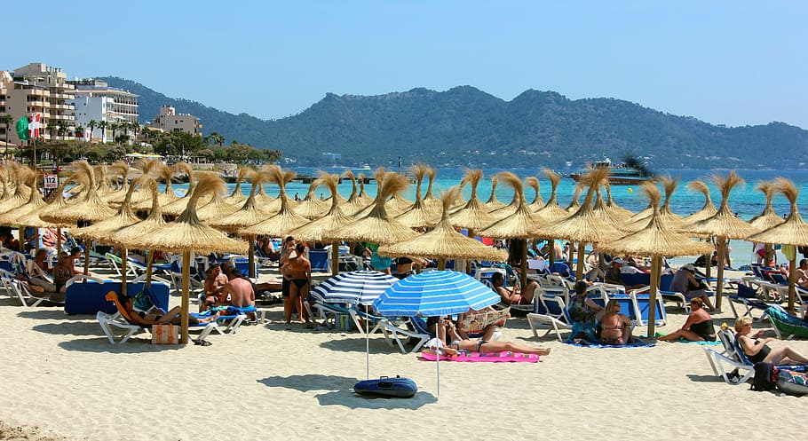 beach, cala millor, mallorca, spain, island, parasol, vacation HD wallpaper