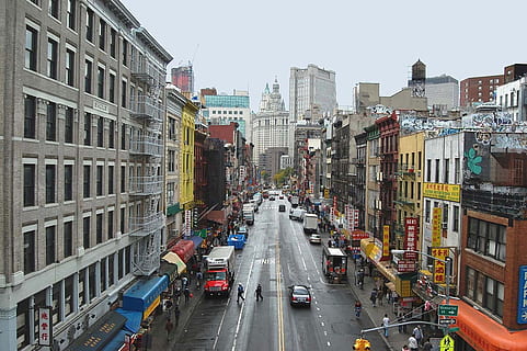 top view of city buildings near road, pathway, concrete, skyscraper HD wallpaper