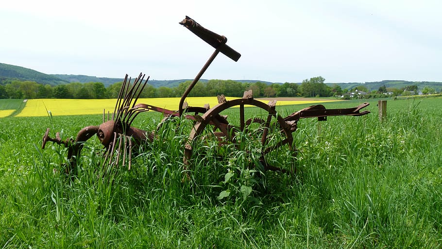 tool, rust, nature, oldtimer, plant, field, grass, land, landscape HD wallpaper