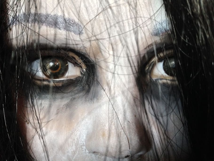 person with black mascara close up photo, halloween, horror, scary