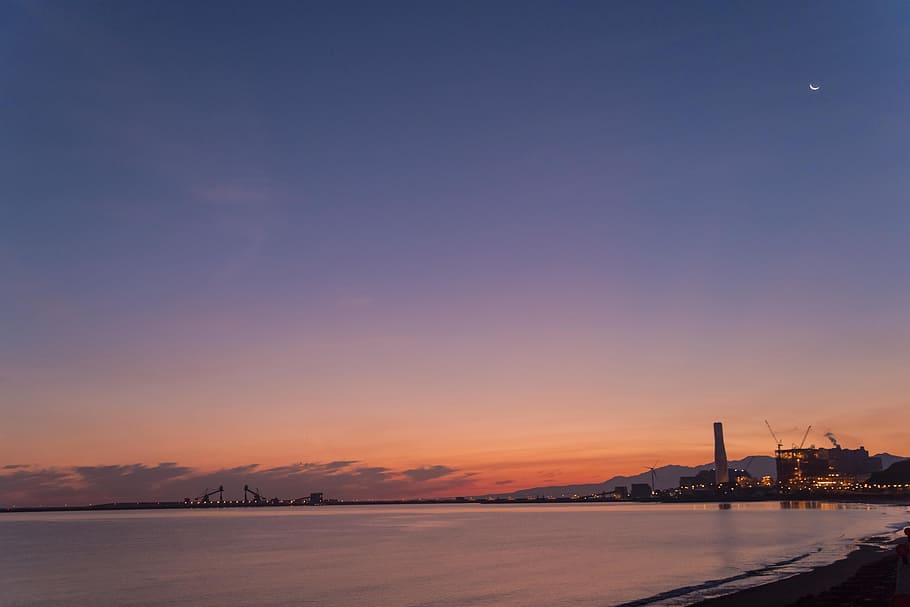 sea, sunrise, sea 灣, hai bian, moon, bay, water, sky, architecture