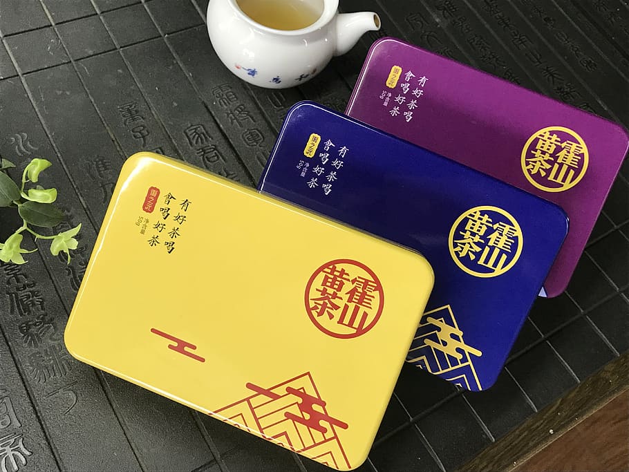 products, yellow tea, packaging box, high angle view, drink HD wallpaper