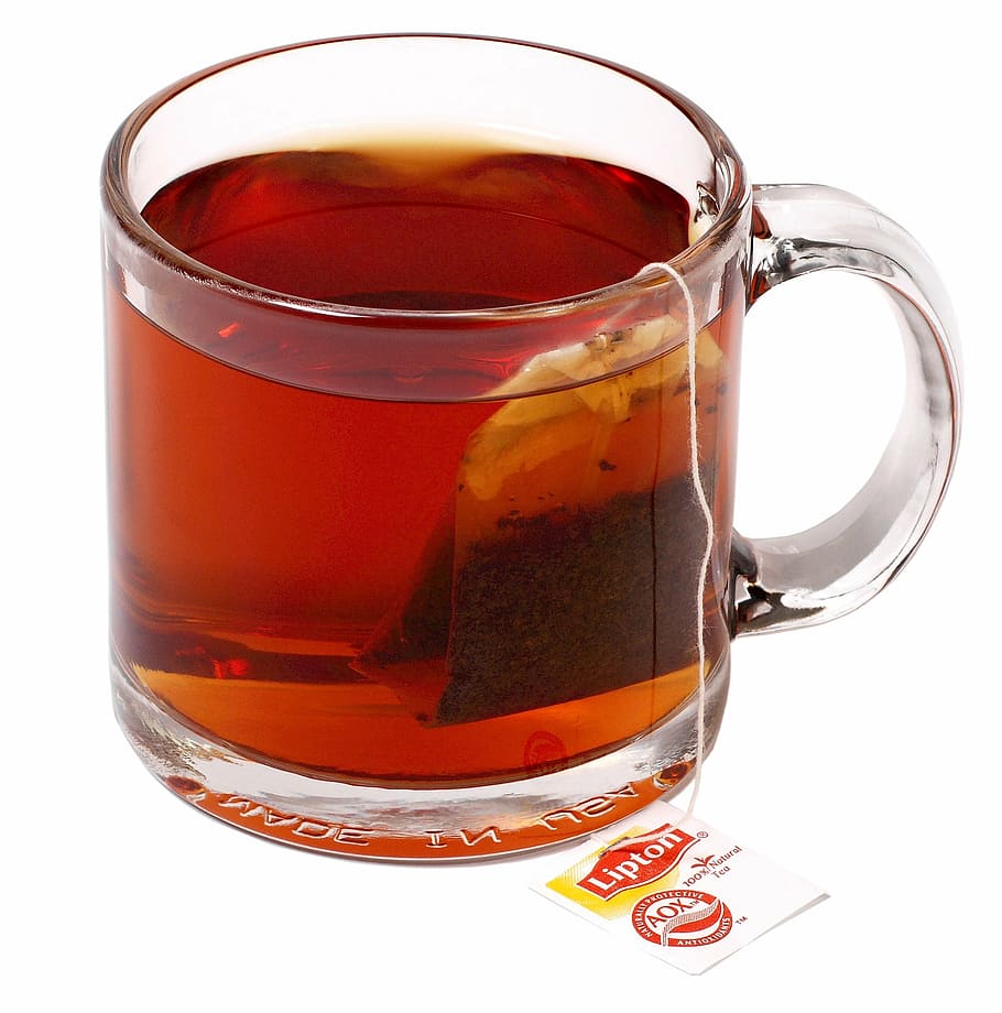 Lipton tea in clear glass mug, hot tea, cup, bag, beverage, drink