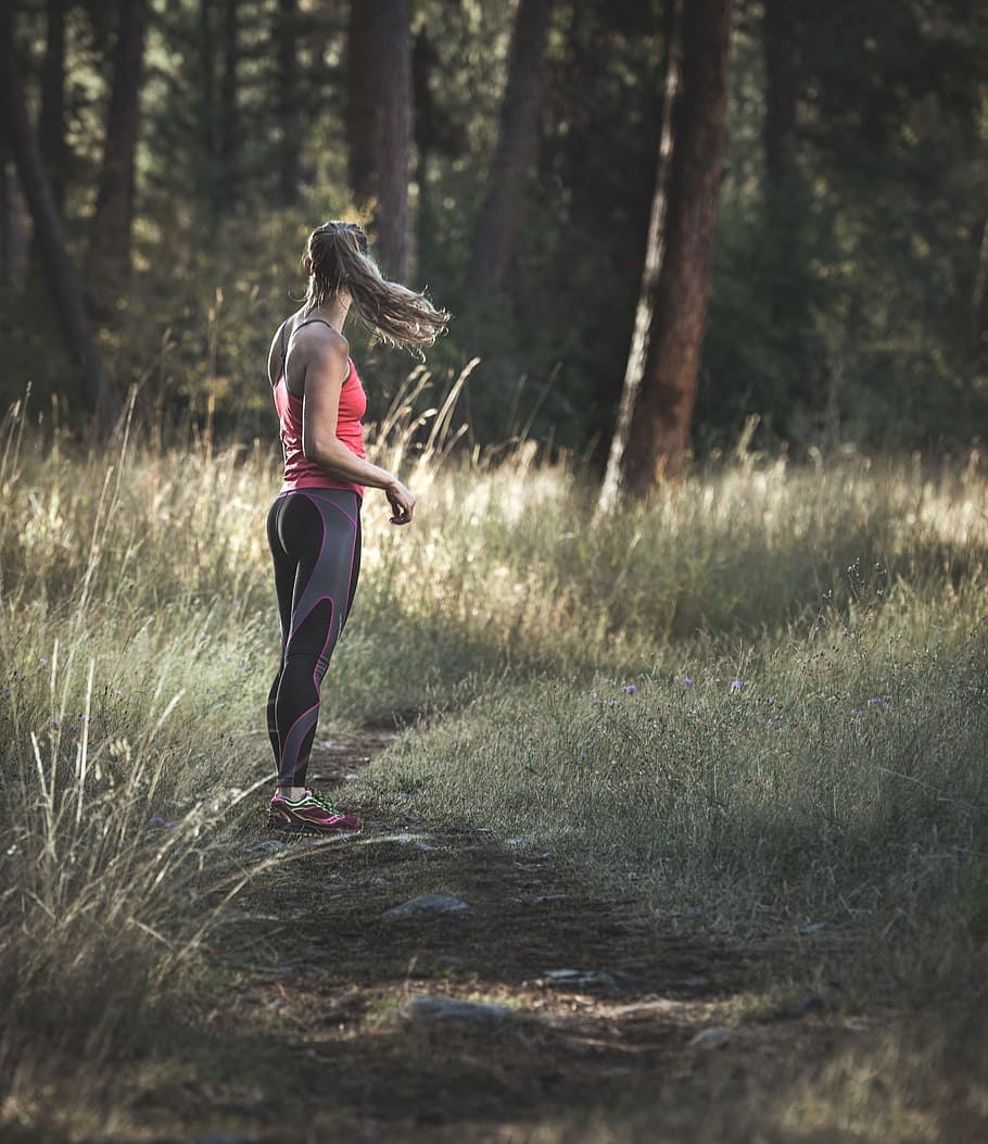 woman standing on forest during daytime, girl, running, health