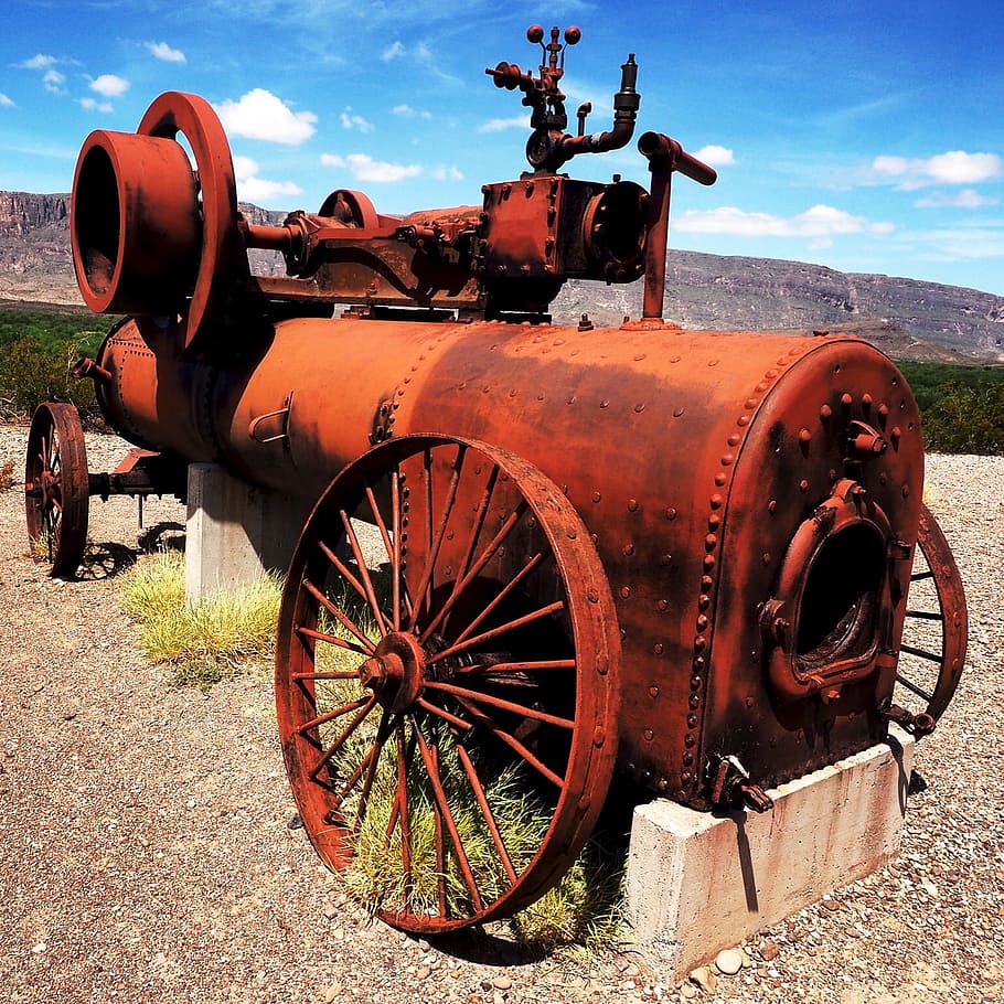Red Metallic Vintage Machine, abandoned, cannon, classic, clouds HD wallpaper