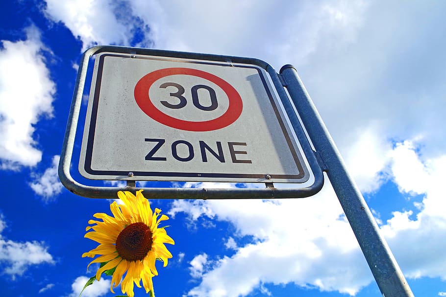 zone 30, sunflower, traffic, rest, blue, sky, clouds, road, HD wallpaper
