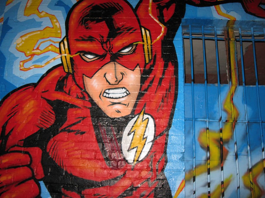 closeup photo of mural painting of The Flash, action hero, graffiti HD wallpaper