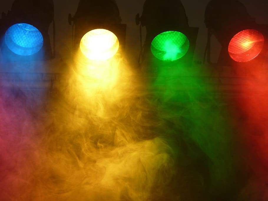 turned on track lights, spotlight, fog, stage, technology, event HD wallpaper