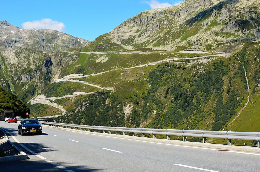black vehicle passing near hill, furka pass, alps, travel, landscape, HD wallpaper
