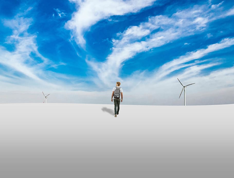 man walking, back, walking back, people, landscape, wide, wind mill HD wallpaper