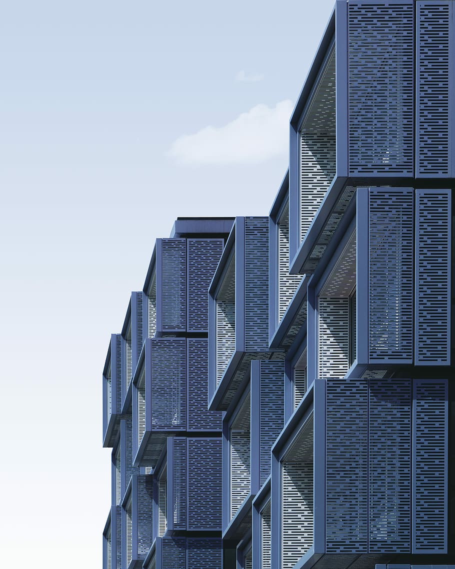 stacked of cube buildings at daytime, gray and beige architectural artwork HD wallpaper