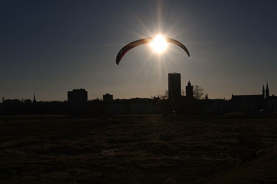 słubice, sunset, view, hang glider, sky, mid-air, extreme sports, HD wallpaper