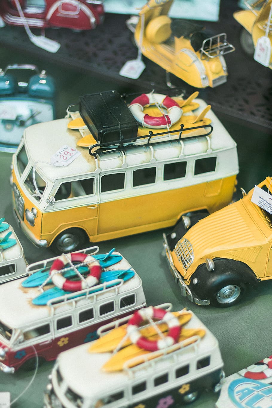 yellow, car, vintage, display, miniature, toy car, toys, travel, HD wallpaper