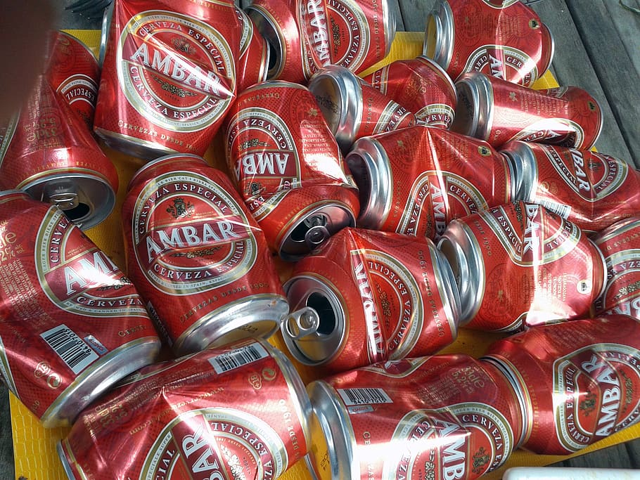 drink, amber, beer, cans, trash, red, pick up, large group of objects HD wallpaper