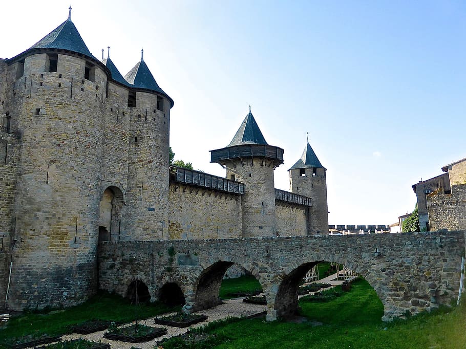 carcassonne, defence, wall, stone, castle, fortress, entrance, HD wallpaper