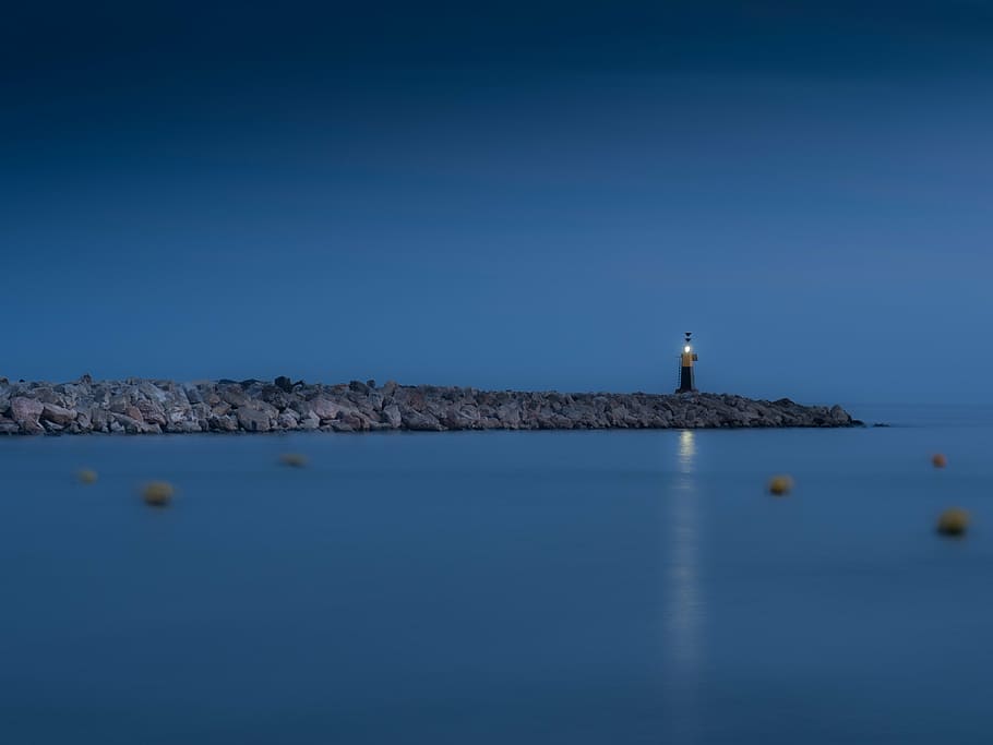 landscape photography of lighthouse, sunset, dusk, port, cabopino HD wallpaper