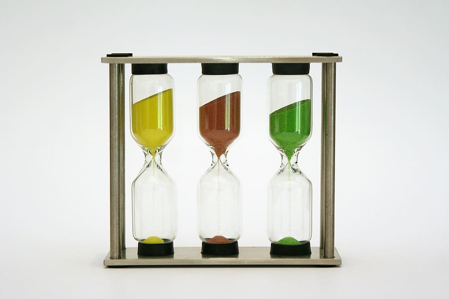 three clear hour glasses, hourglass, time, clock, sand, transience HD wallpaper