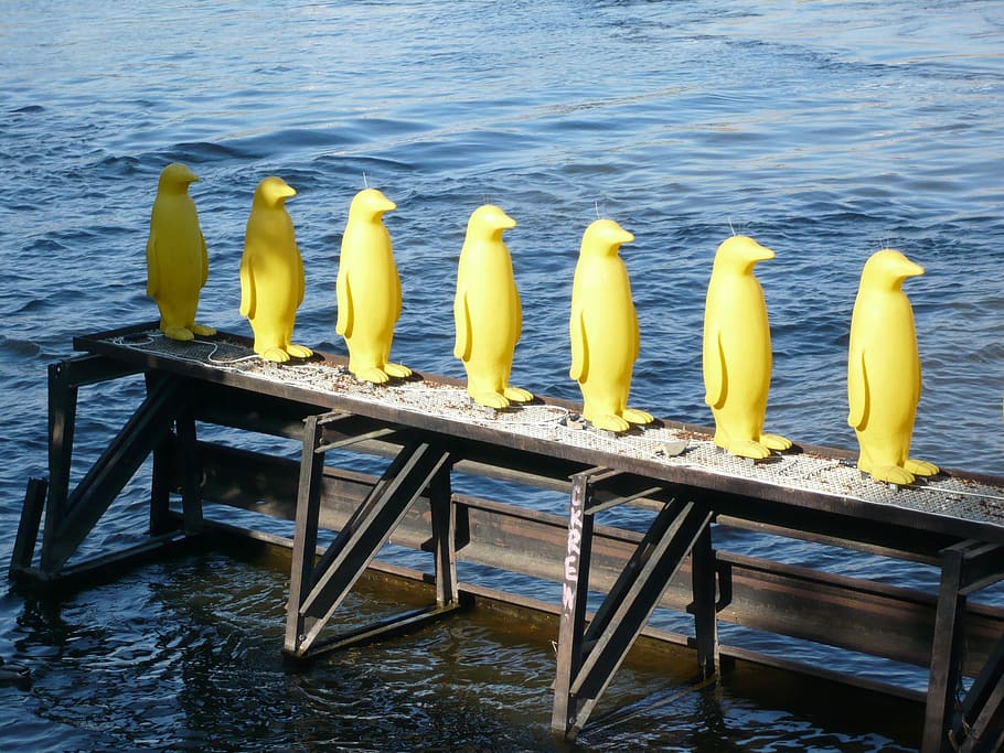 Prague, Penguins, Sculpture, Plastic, yellow, sea, no people HD wallpaper