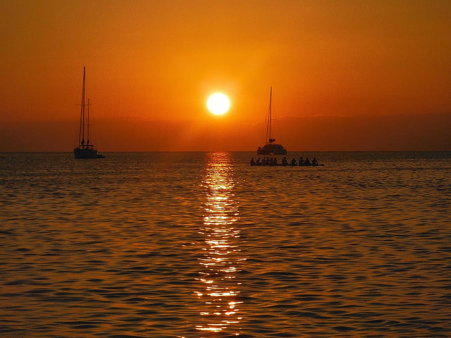 sunset, caribbean sunset, sea, water, tropical, beach, travel, HD wallpaper