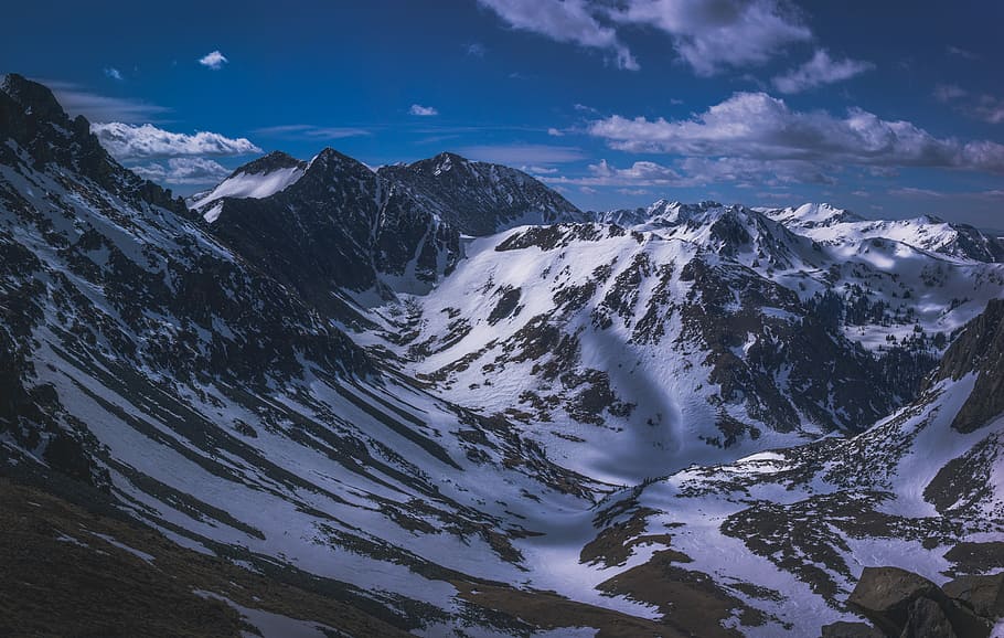 landscape photograph of mountain during winter, gray and white mountain under blue sky HD wallpaper