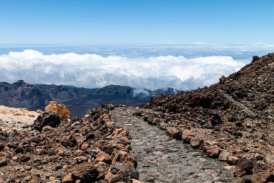 tenerife, teide, clouds, sky, cloud - sky, rock, rock - object HD wallpaper