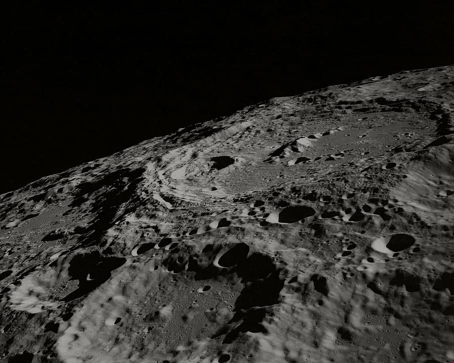 black rock fragment, moon, planet, place, black background HD wallpaper