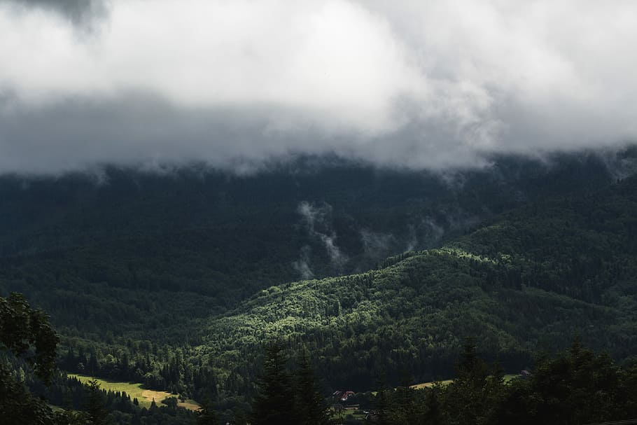 mountain range under stratocumulus clouds, green leaf trees under white clouds during daytime, HD wallpaper