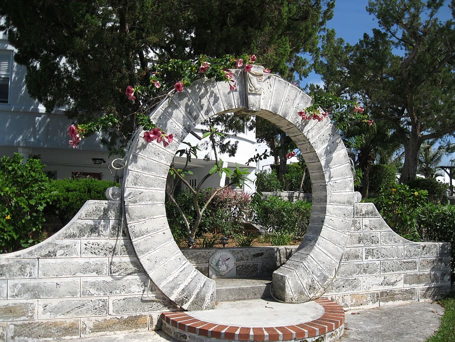 green trees, Bermuda, Moongate, Garden, Stonework, sculpture HD wallpaper