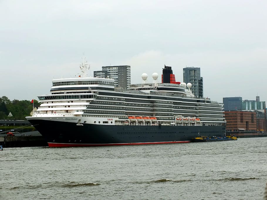 ship queen elizabeth, hamburg, port, hamburg port, hamburg landungsbrücken, HD wallpaper