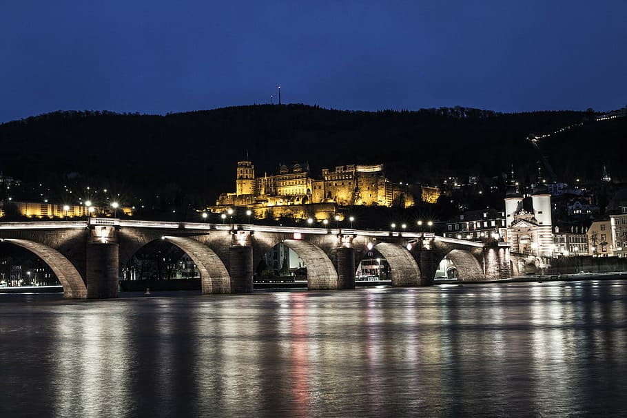 lighted gray concrete bridge at night, heidelberg, castle, architecture HD wallpaper