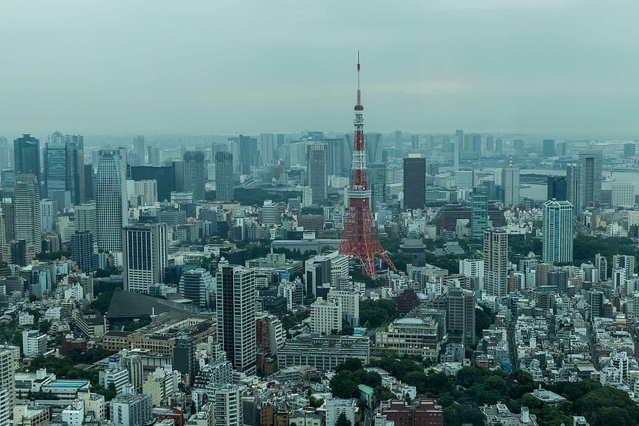 top view of city buildings, red, white, satellite, tower, middle HD wallpaper