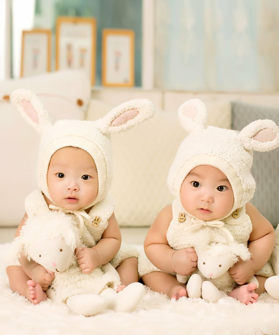 two babies in white rabbit costumes, baby, twins, brother and sister