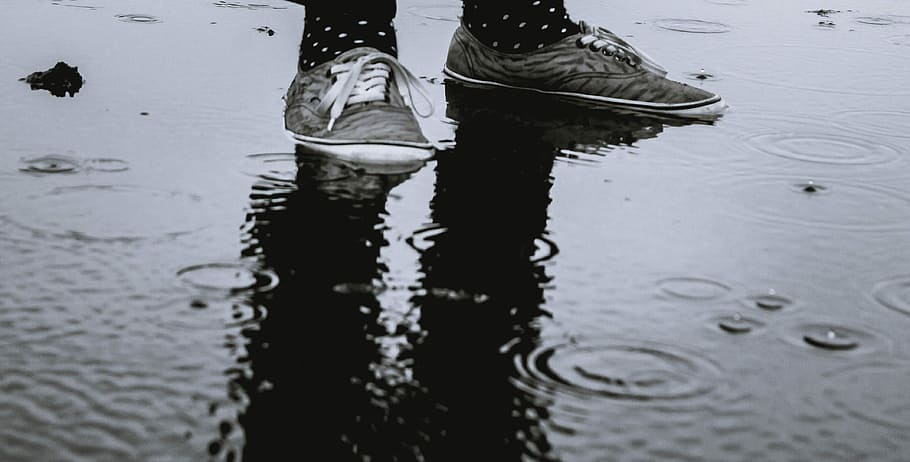 person standing on wet ground, person wearing gray lace-up shoe standing on wet ground, HD wallpaper