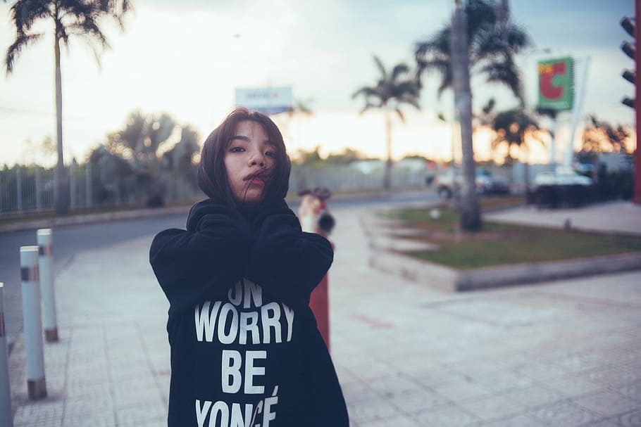 Woman Wearing Black Hoodie during Daytime, female, macro, model HD wallpaper