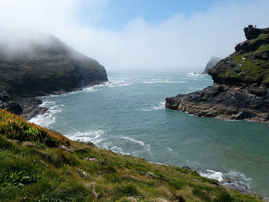 cornwall, boscastle, coast, rock, fog, river, england, united kingdom HD wallpaper
