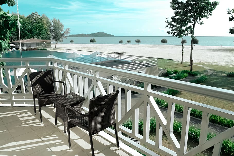 wood, sea, beach, sand, balcony, chairs, empty, furniture, green, HD wallpaper