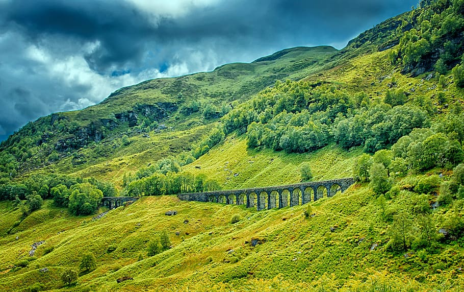 HD wallpaper: rail way on slope land, viaduct, bridge, railway bridge ...