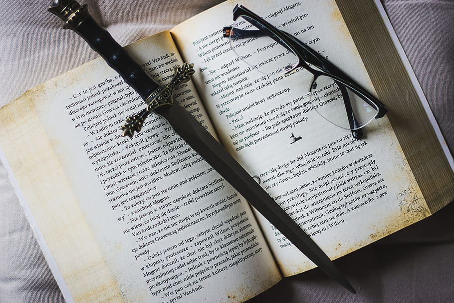 flat-lay photography of eyeglasses, book, and sword, Read, Education HD wallpaper