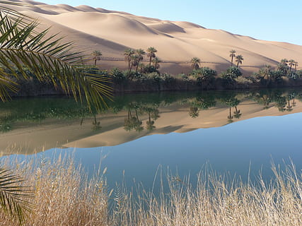 landscape photography body of water near dessert, oasis, libya HD wallpaper