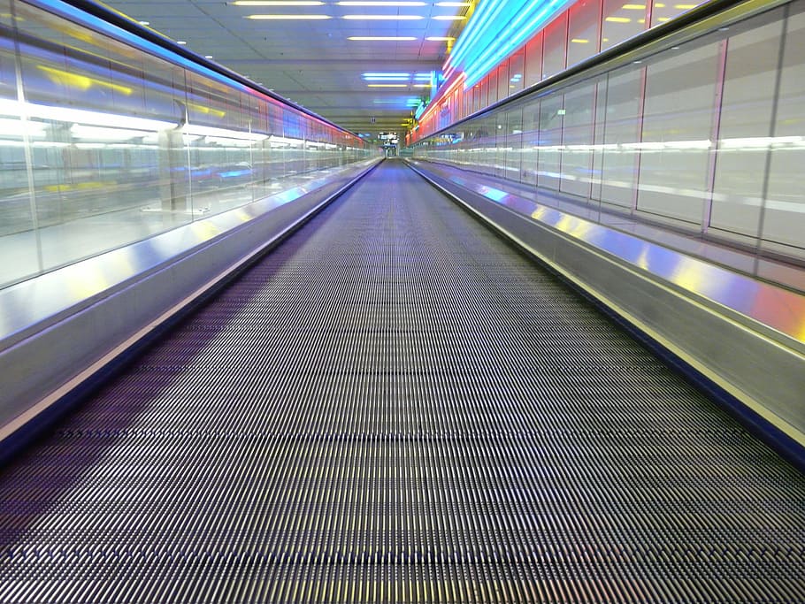 escalator pathway, metal segments, moving walkway, roller platform, HD wallpaper