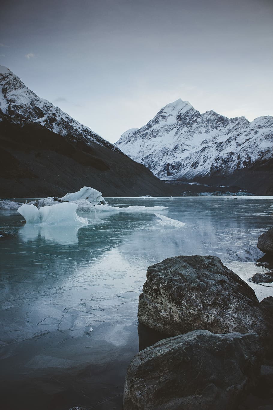mountain beside body of water, ice blocks in body of water, peak HD wallpaper