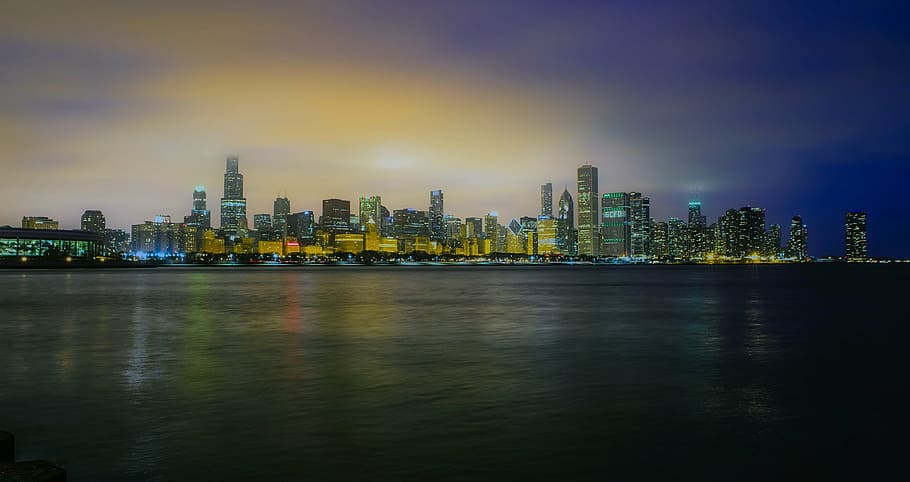 building surface, chicago, illinois, sunset, dusk, lake michigan HD wallpaper