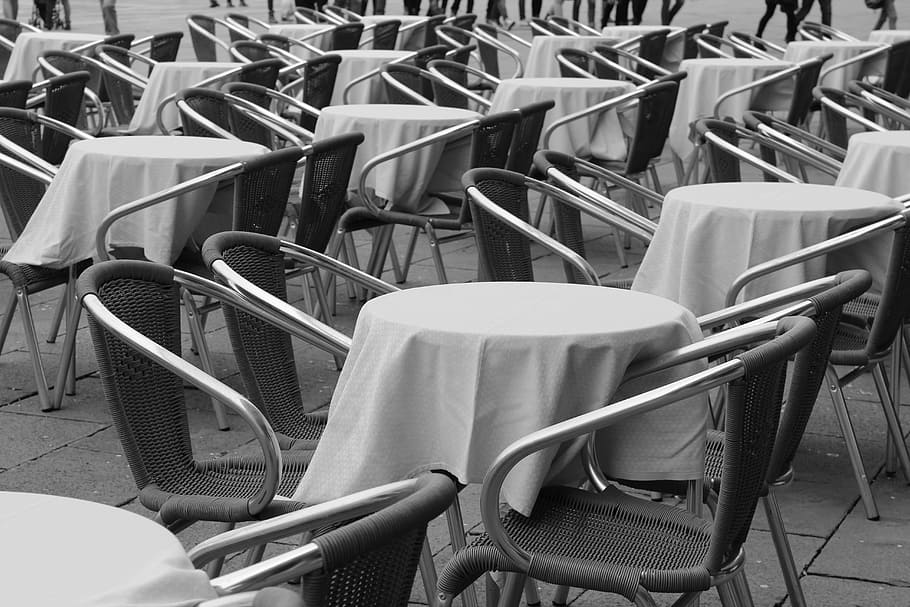 tables, chairs, venice, table cloth, chrome, mono, seat, empty HD wallpaper