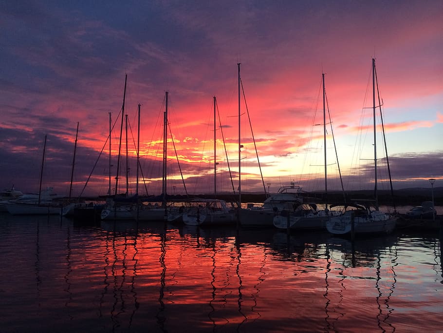 sea, boats, sunset, water, sky, nautical vessel, sailboat, transportation HD wallpaper